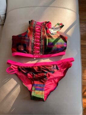 Handmade Neon Pink Multicolor High-Neck Bikini Set